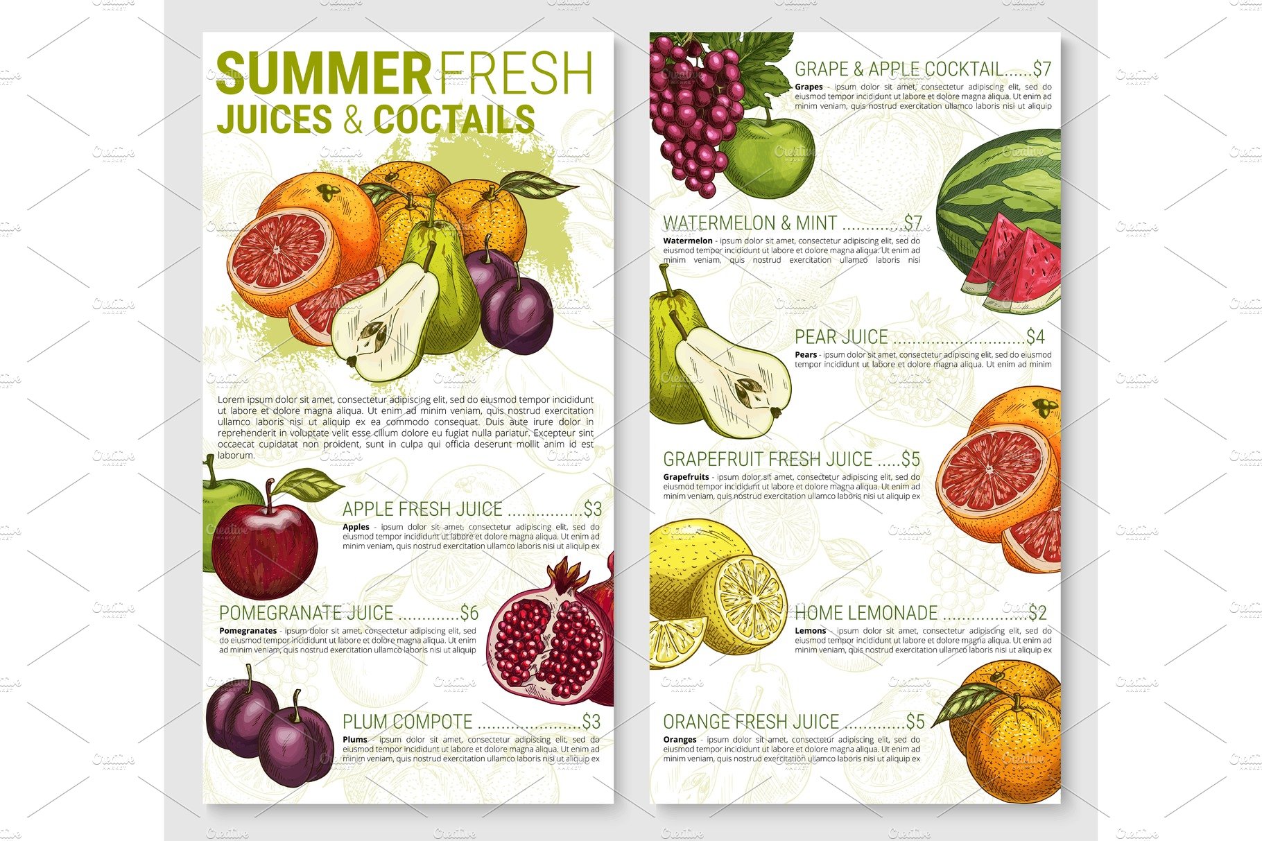 Vector menu sketch for tropical exotic fruit juices cover image.