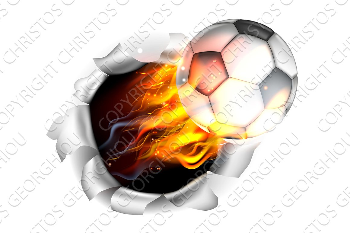 Flaming Soccer Football Ball Tearing a Hole in the Background cover image.
