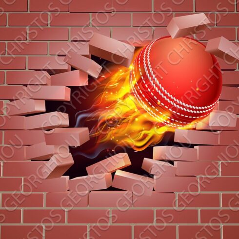 Flaming Cricket Ball Breaking Through Brick Wall cover image.