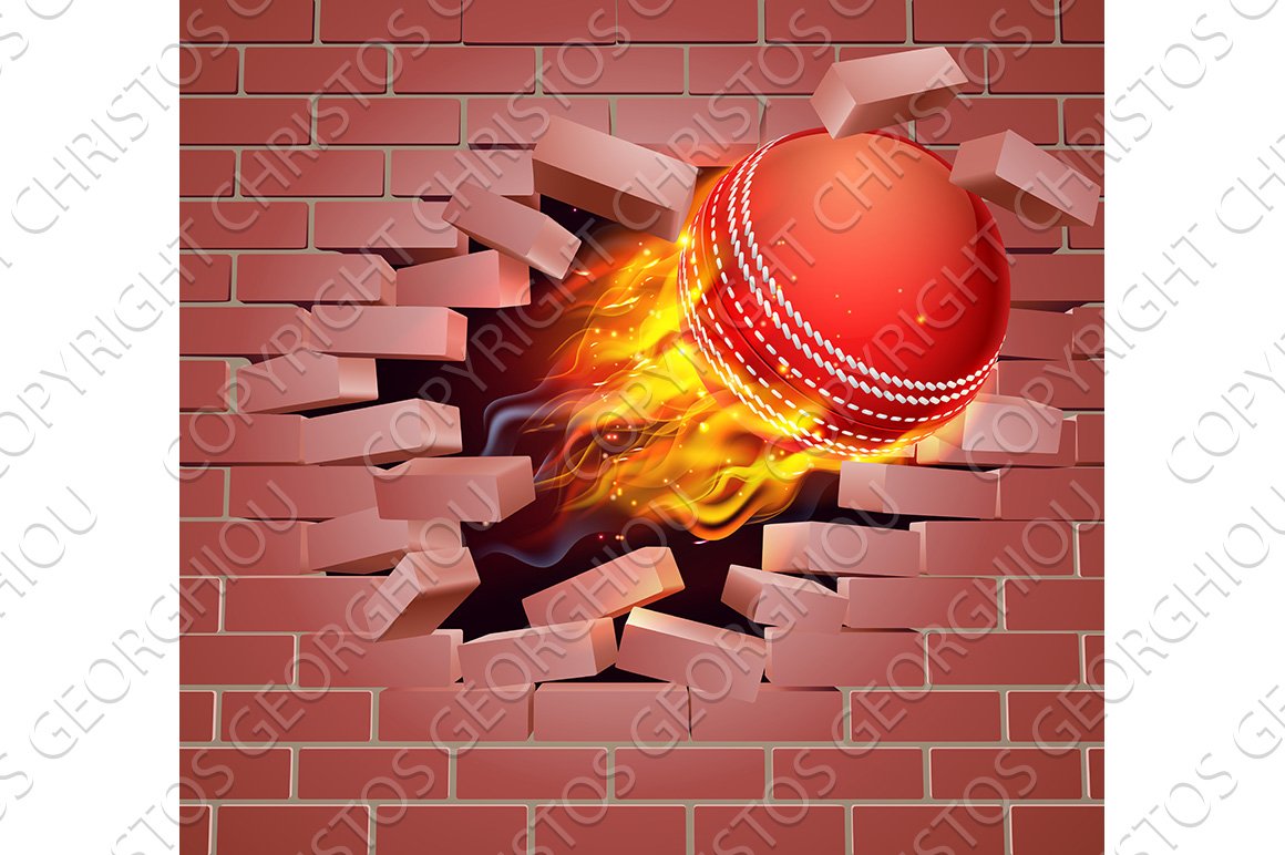 Flaming Cricket Ball Breaking Through Brick Wall cover image.