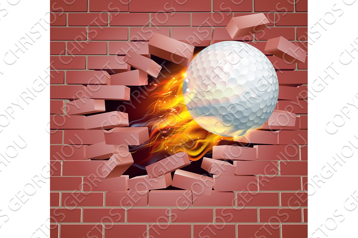 Flaming Golf Ball Breaking Through Brick Wall cover image.