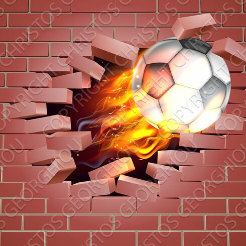 Flaming Soccer Football Ball Breaking Through Brick Wall cover image.