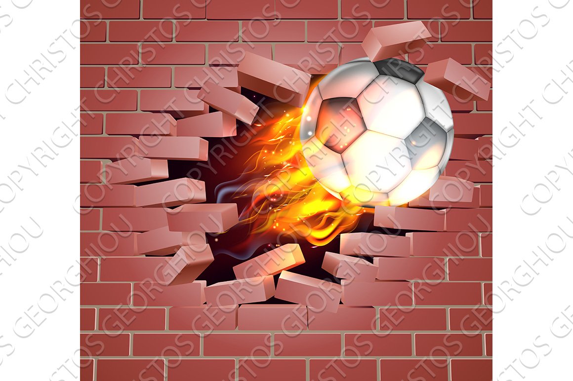 Flaming Soccer Football Ball Breaking Through Brick Wall cover image.