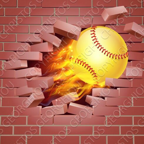 Flaming Softball Ball Breaking Through Brick Wall cover image.
