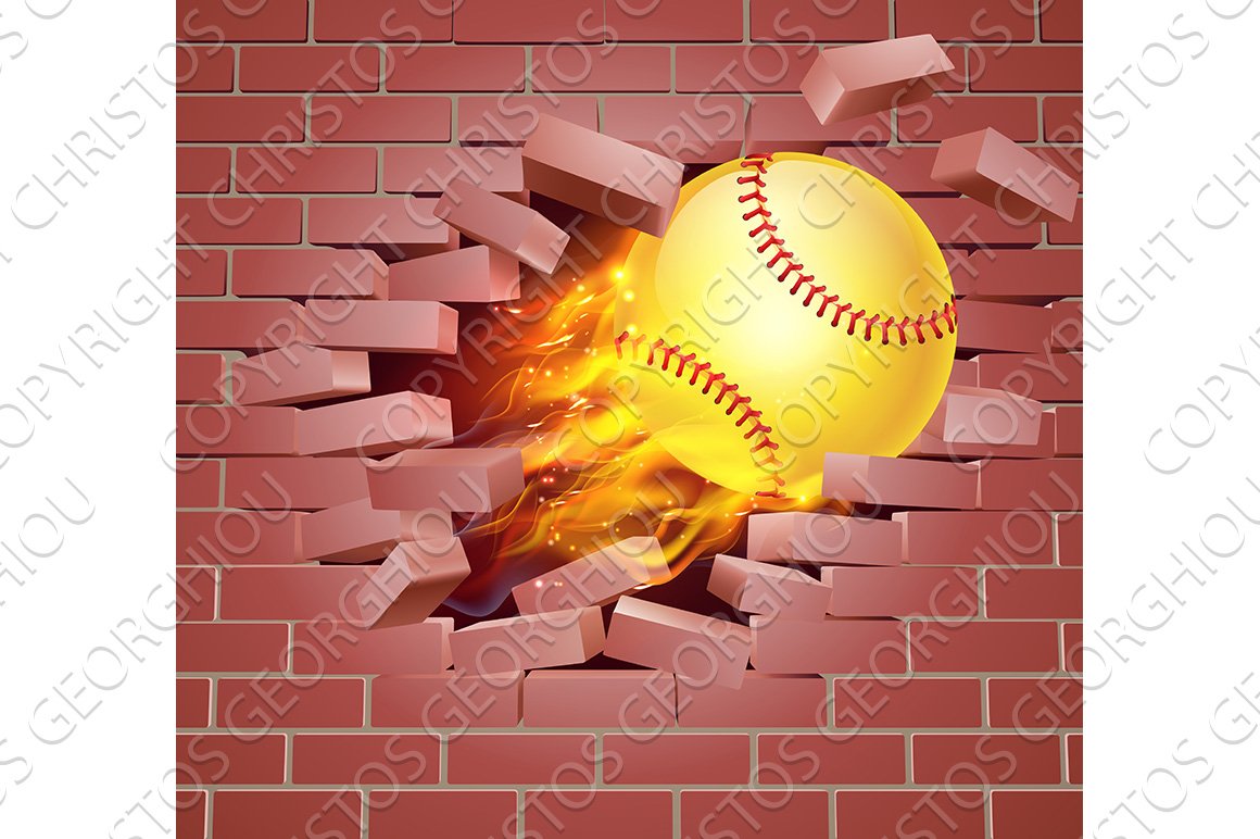 Flaming Softball Ball Breaking Through Brick Wall cover image.