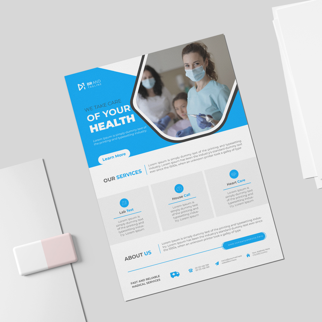 Medical care poster and flyer template design preview image.