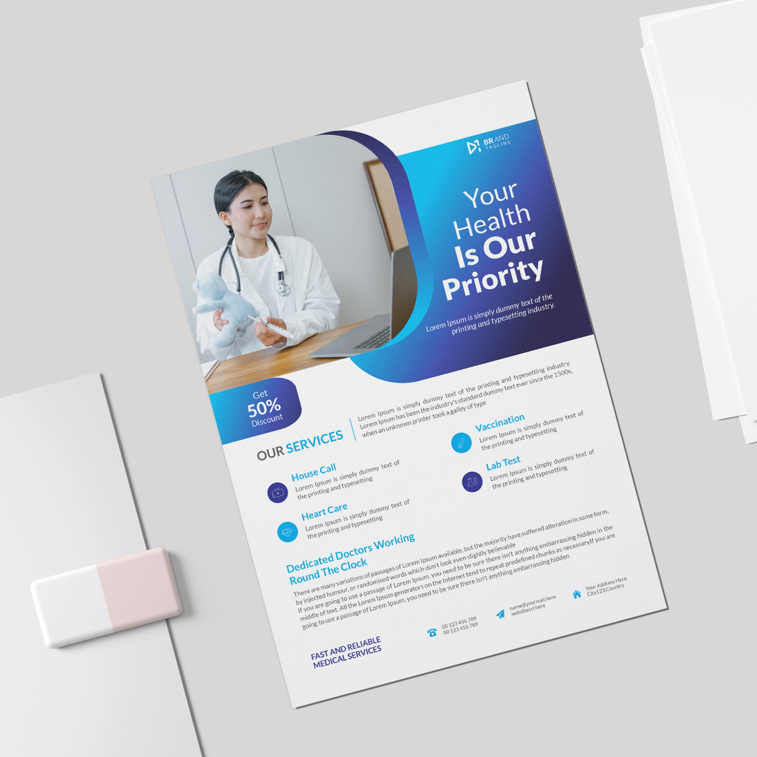 Medical healthcare flyer design and brochure cover page template preview image.