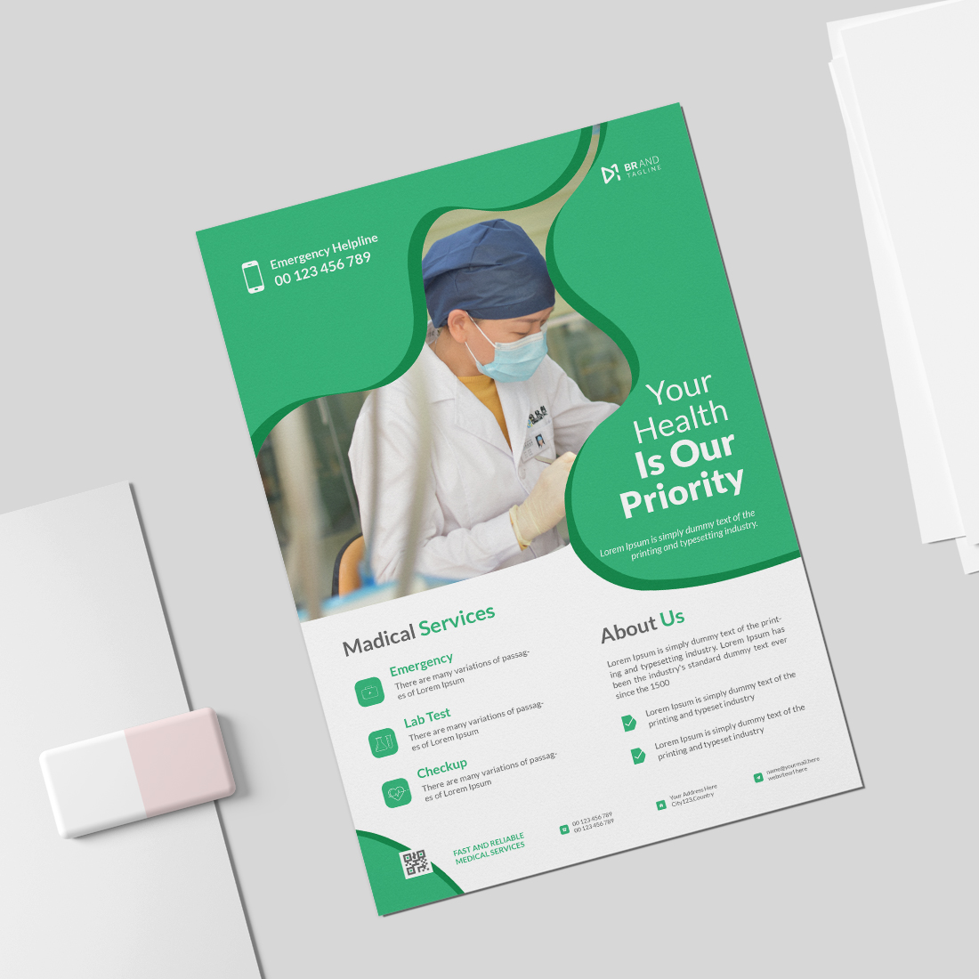 Medical healthcare flyer design and brochure cover page template preview image.