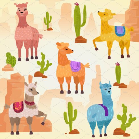 Cute vector alpaca lama set cover image.
