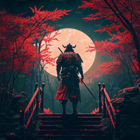 Samurai silhouette of a Japanese warrior samurai against the night forest. cover image.