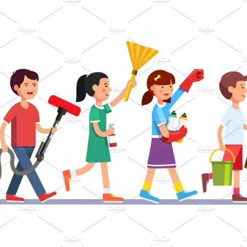 Kids cleaning team doing household chores cover image.