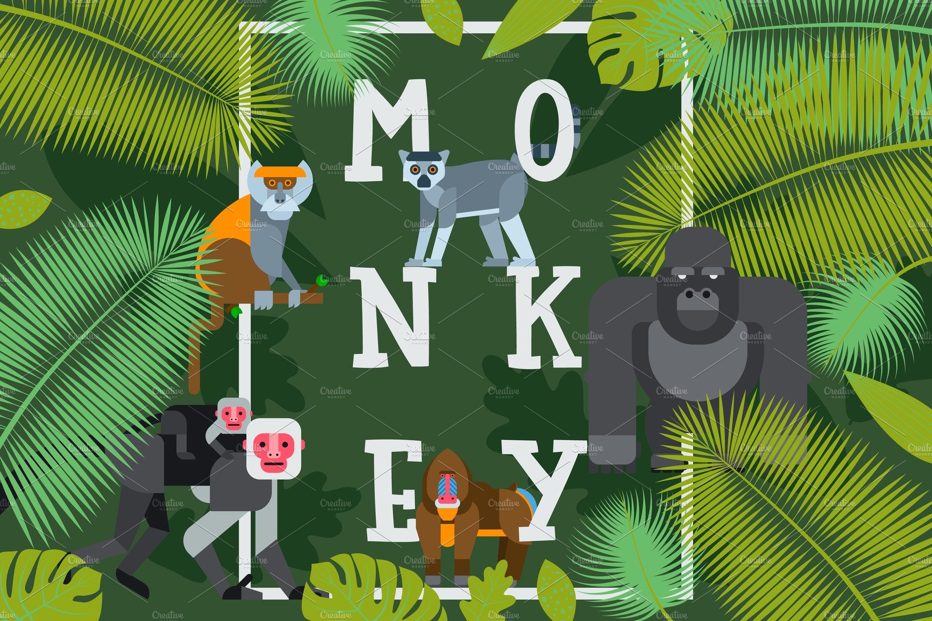 Monkey typographic poster, vector cover image.