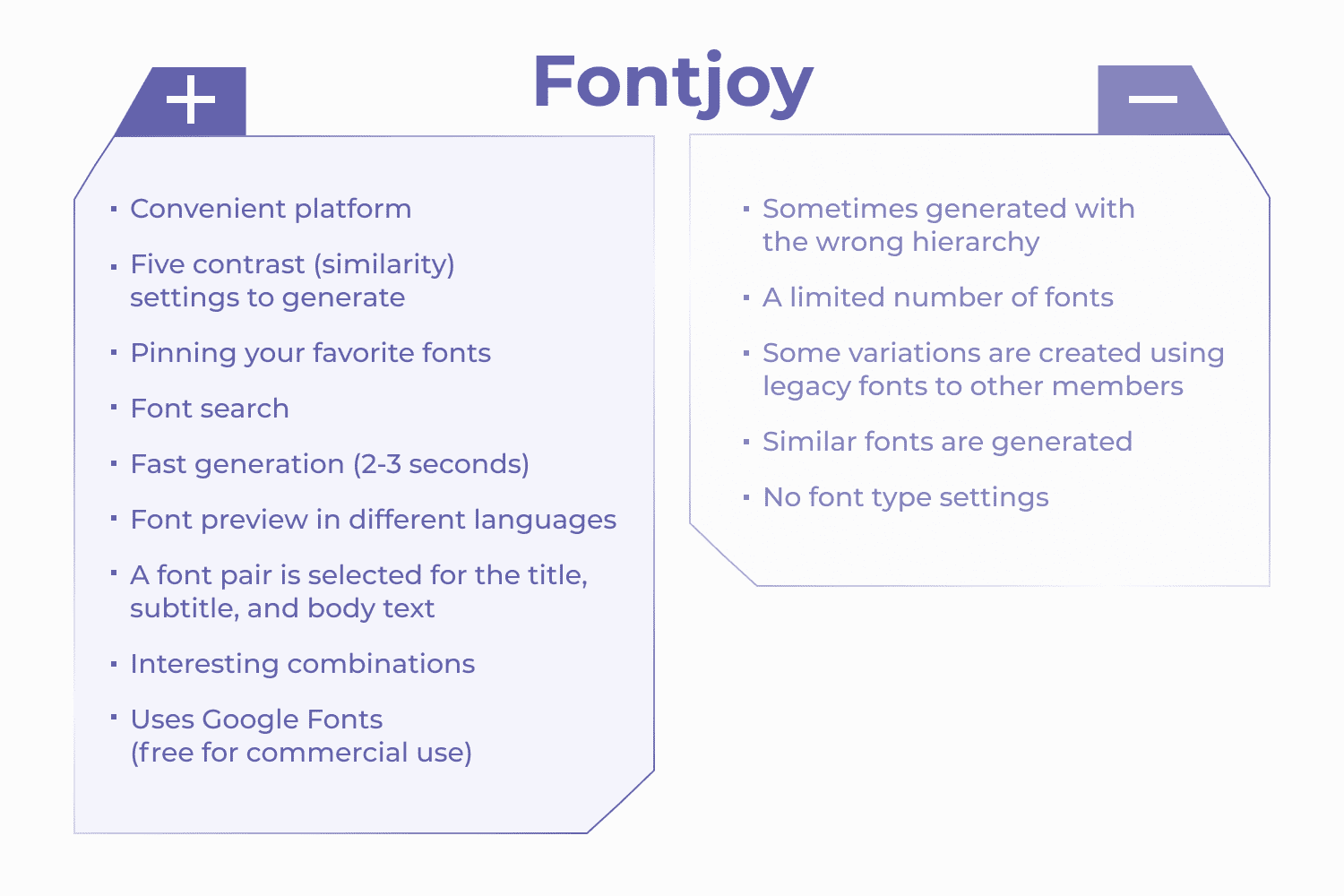 Table of advantages and disadvantages of Fontjoy.