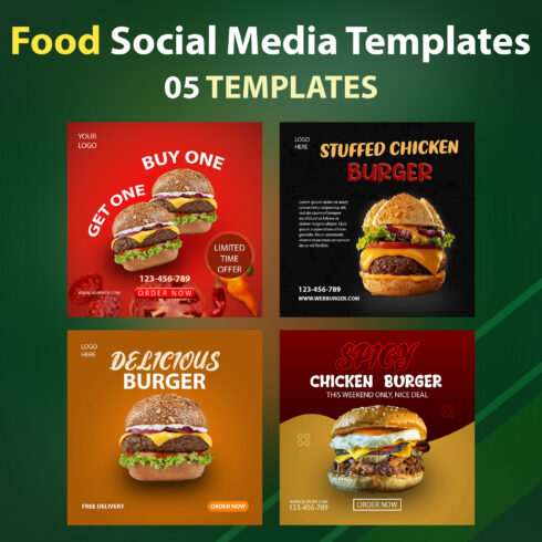 5 Burger and Food Social Media Templates cover image.