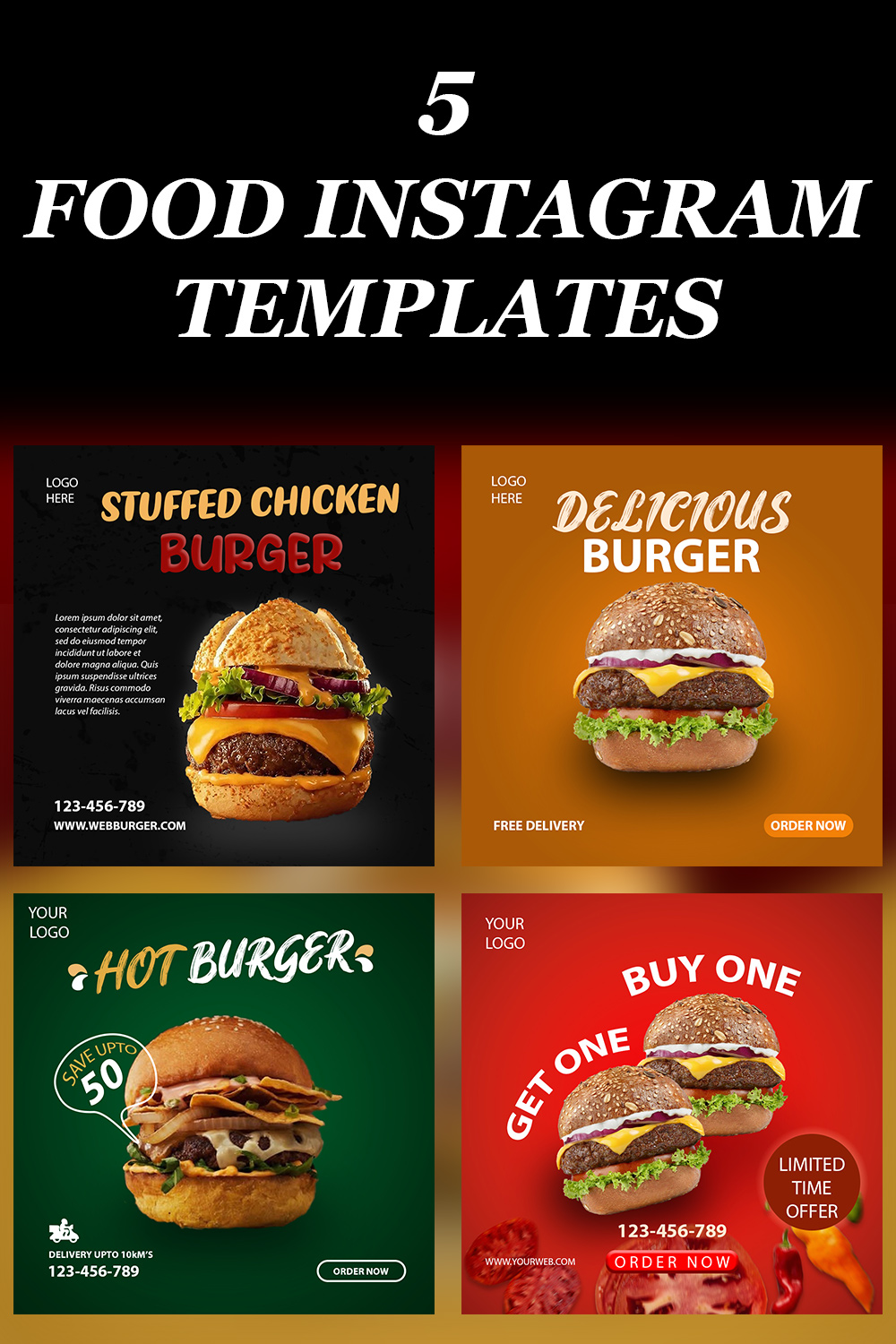 5 Burger and Food Social Media Templates pinterest preview image.