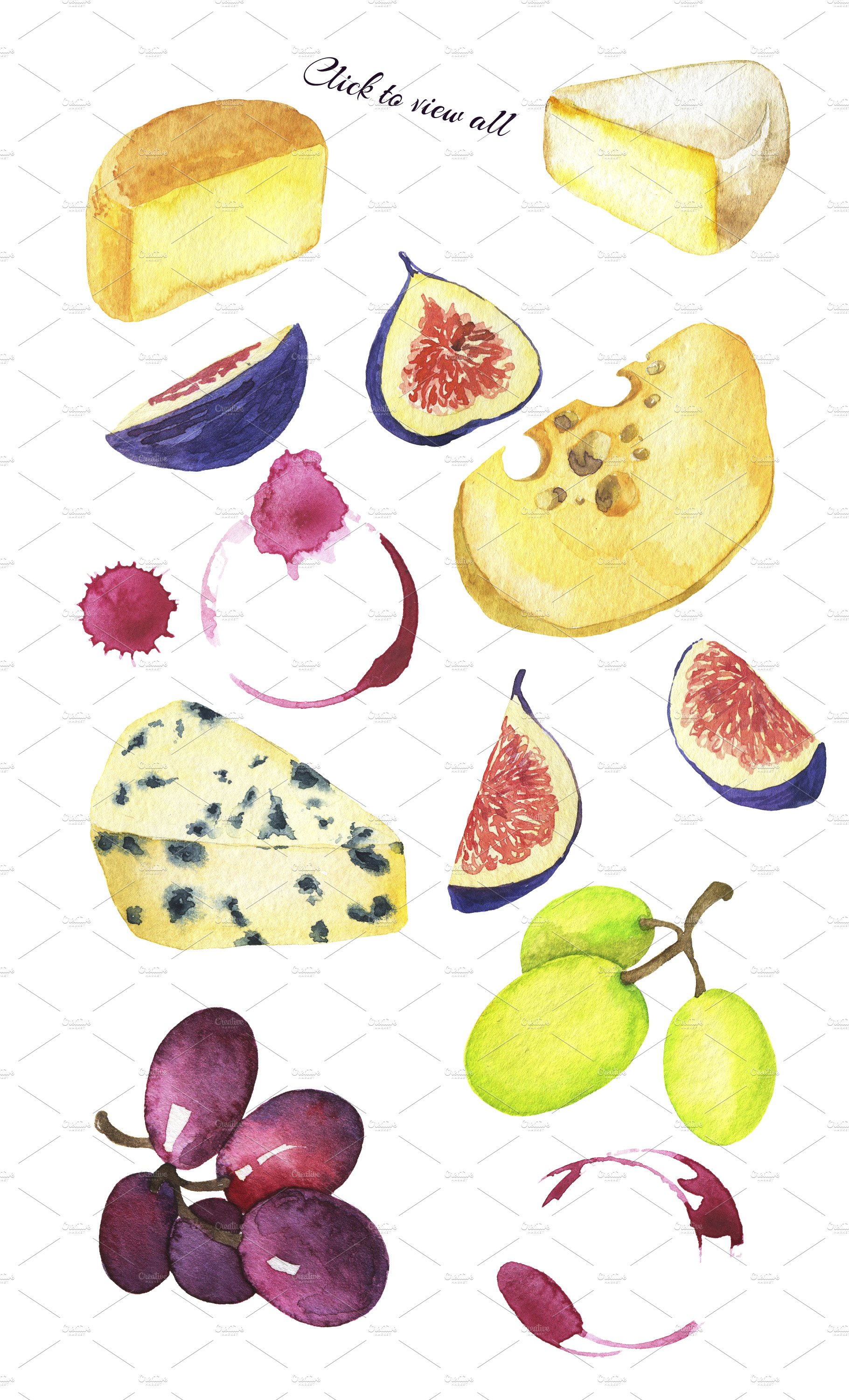 Cheese and wine watercolor preview image.