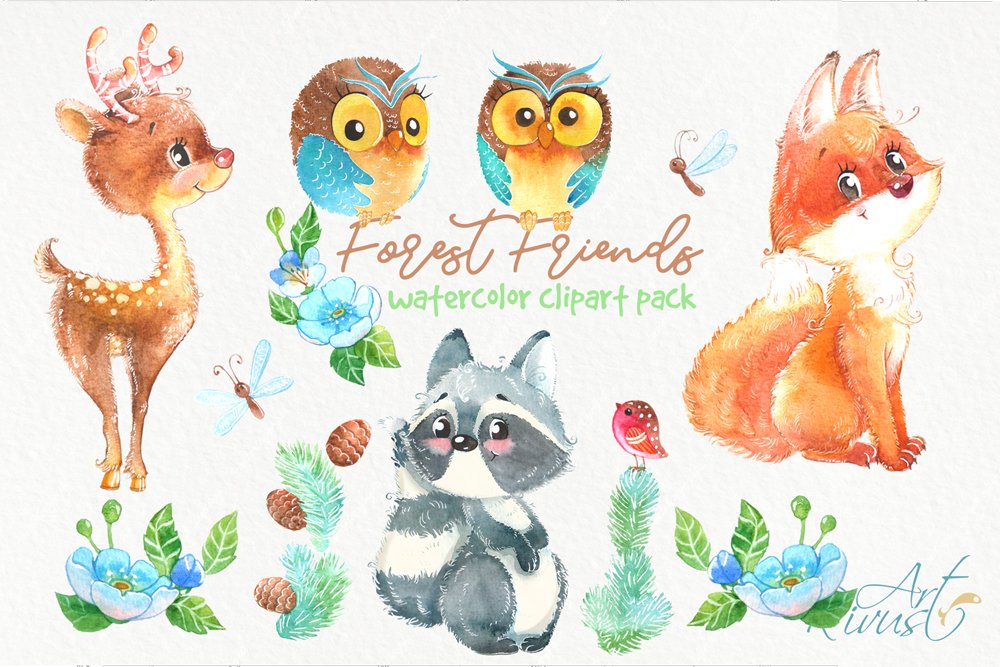 Woodland forest watercolor animals preview image.