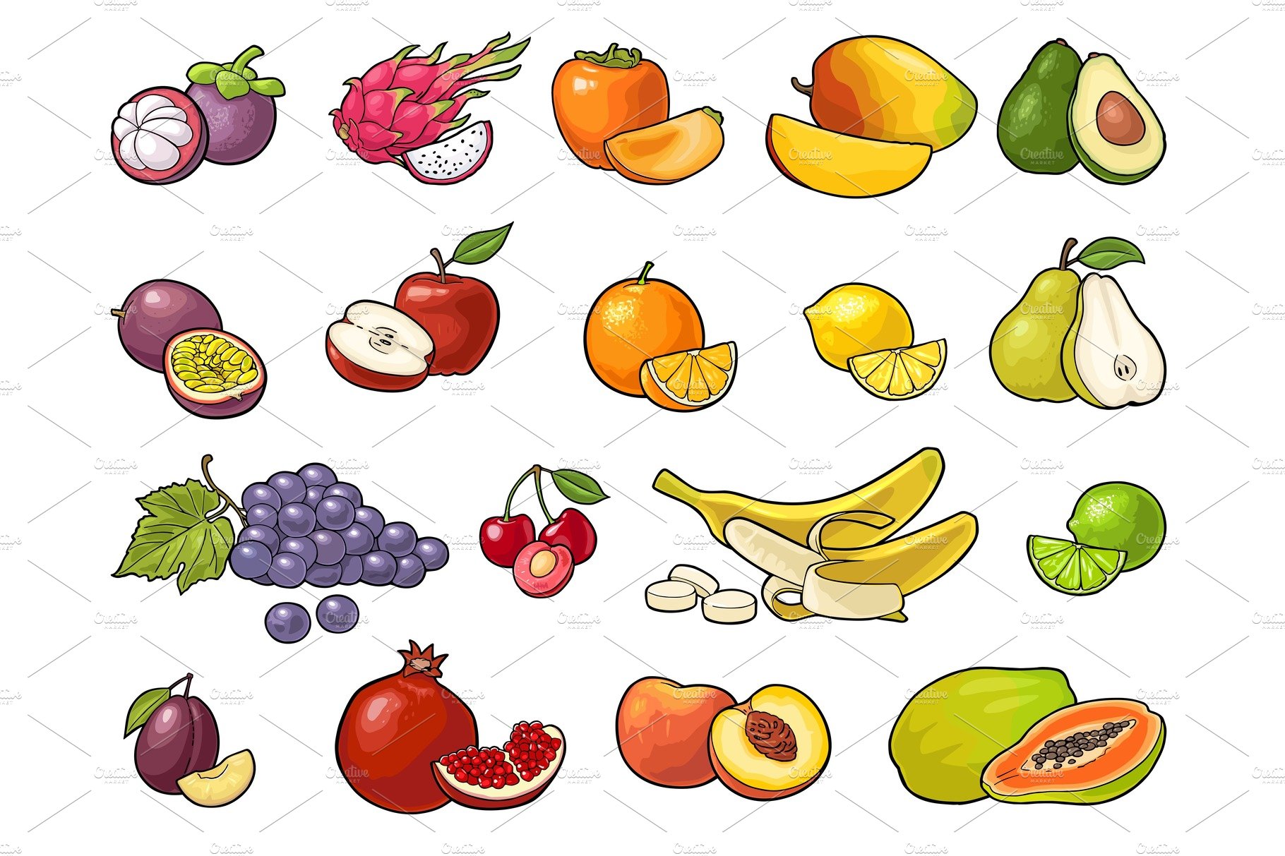 Set tropical fruits. Vector black vintage engraving isolated on white cover image.