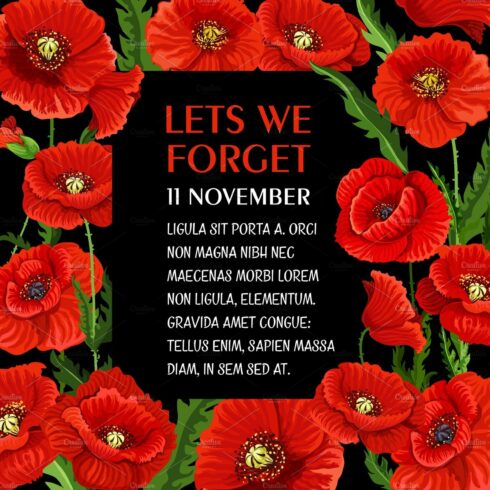 Remembrance day 11 November vector poppy poster cover image.
