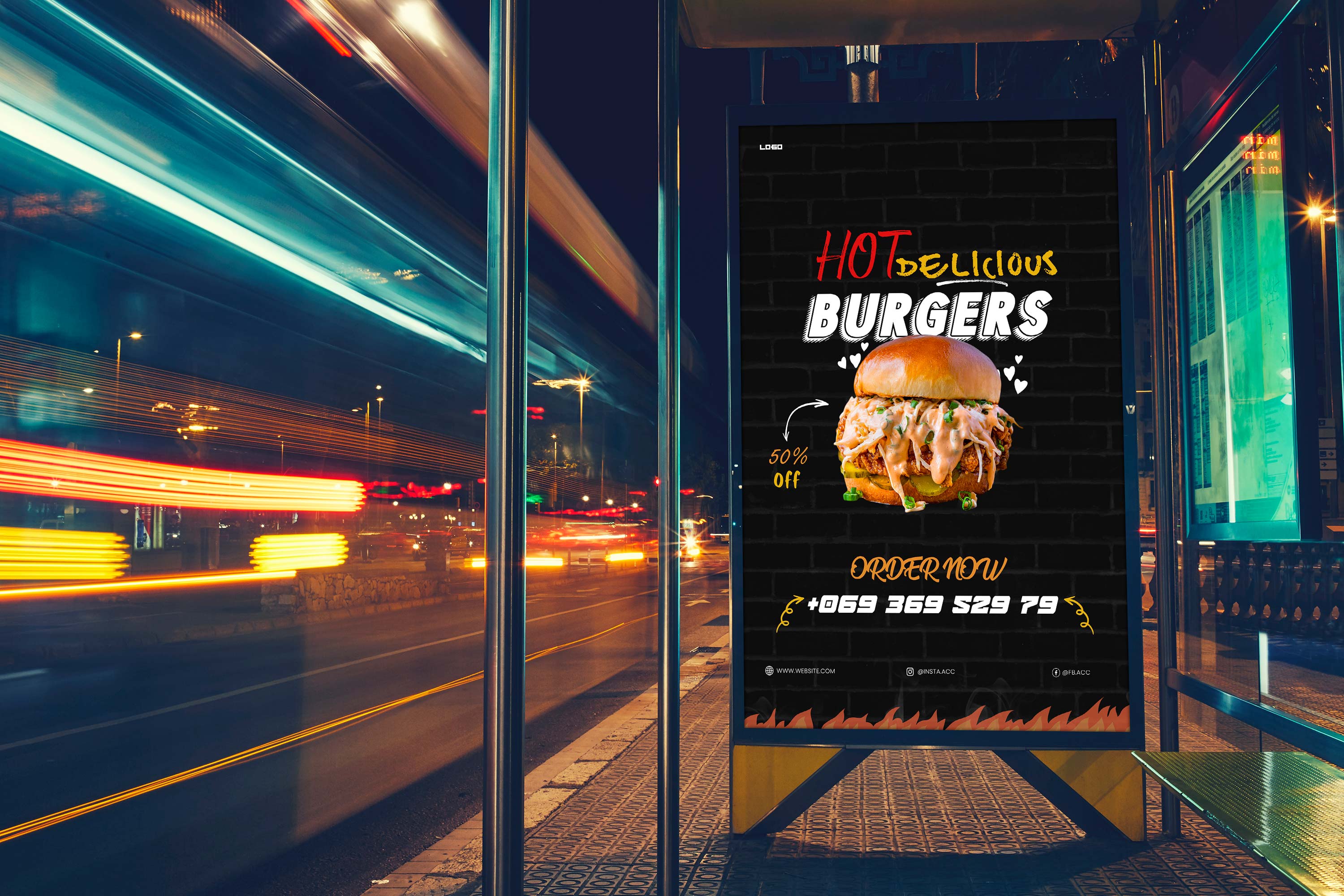 Sign advertising a burger on a city street.