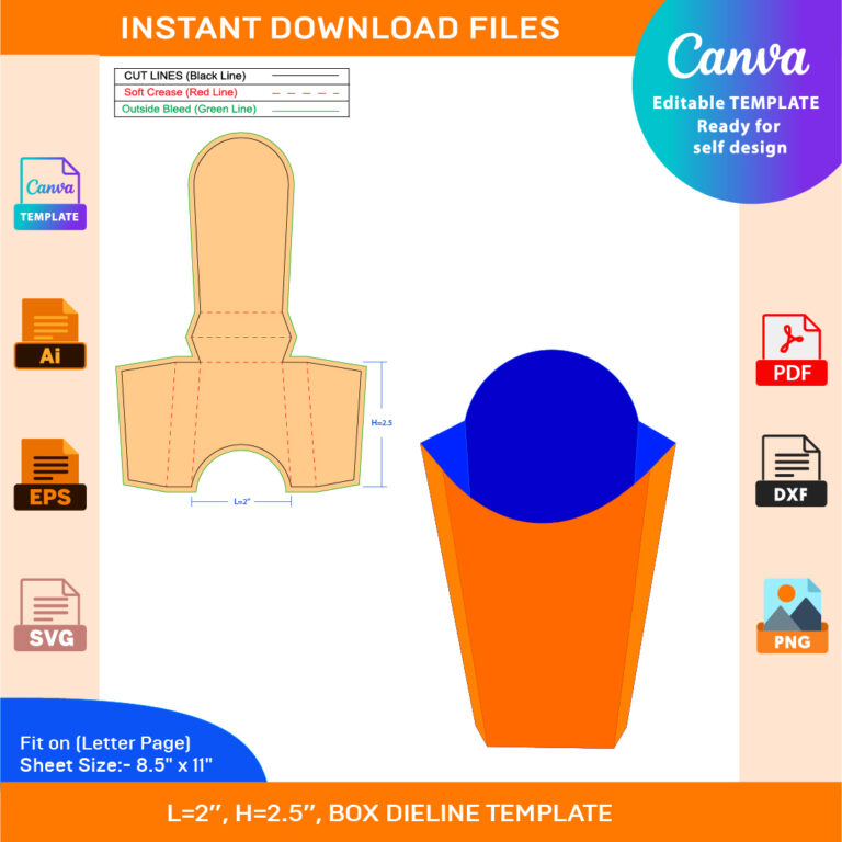 French Fry Box Dieline Template Ai. PDF, EPS, JPG, PNG, DXF,SVG, JPG