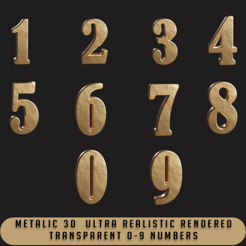 Ultra Realistic 3D Icons 0-9 Numbers In Gold With Transparent Background in PNG cover image.