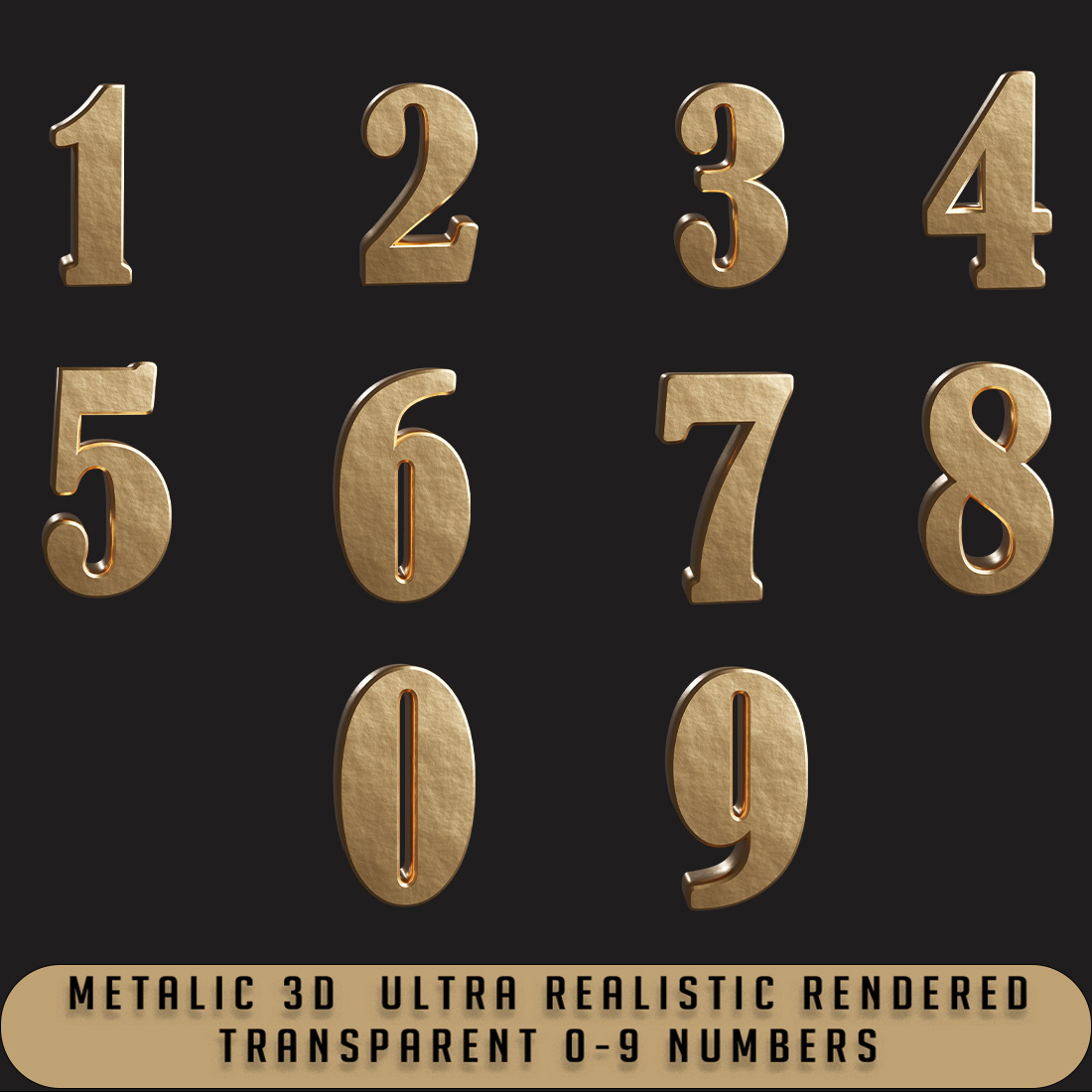 Ultra Realistic 3D Icons 0-9 Numbers In Gold With Transparent Background in PNG preview image.