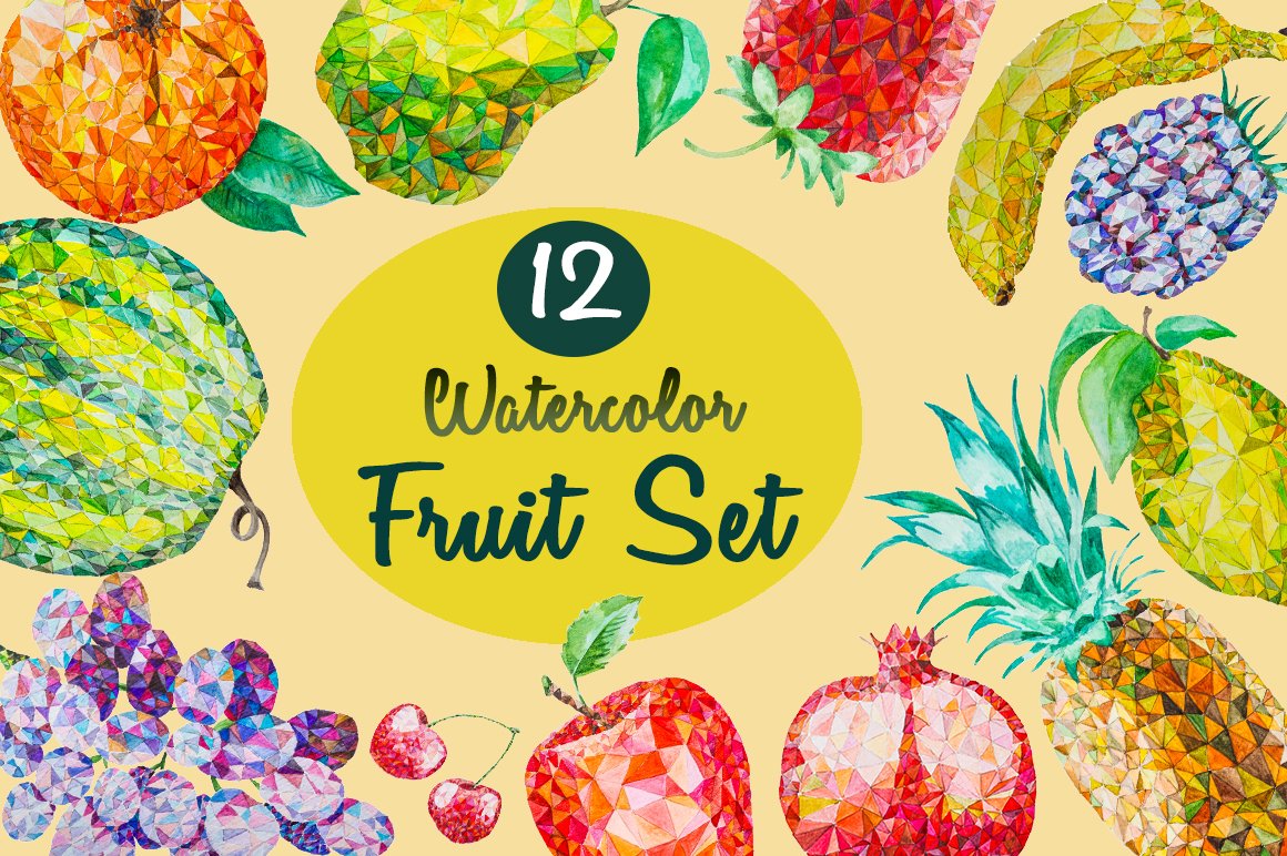 12 Watercolor Low Poly Fruit Set cover image.