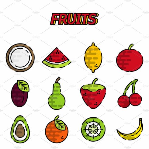Fruits flat icon set cover image.