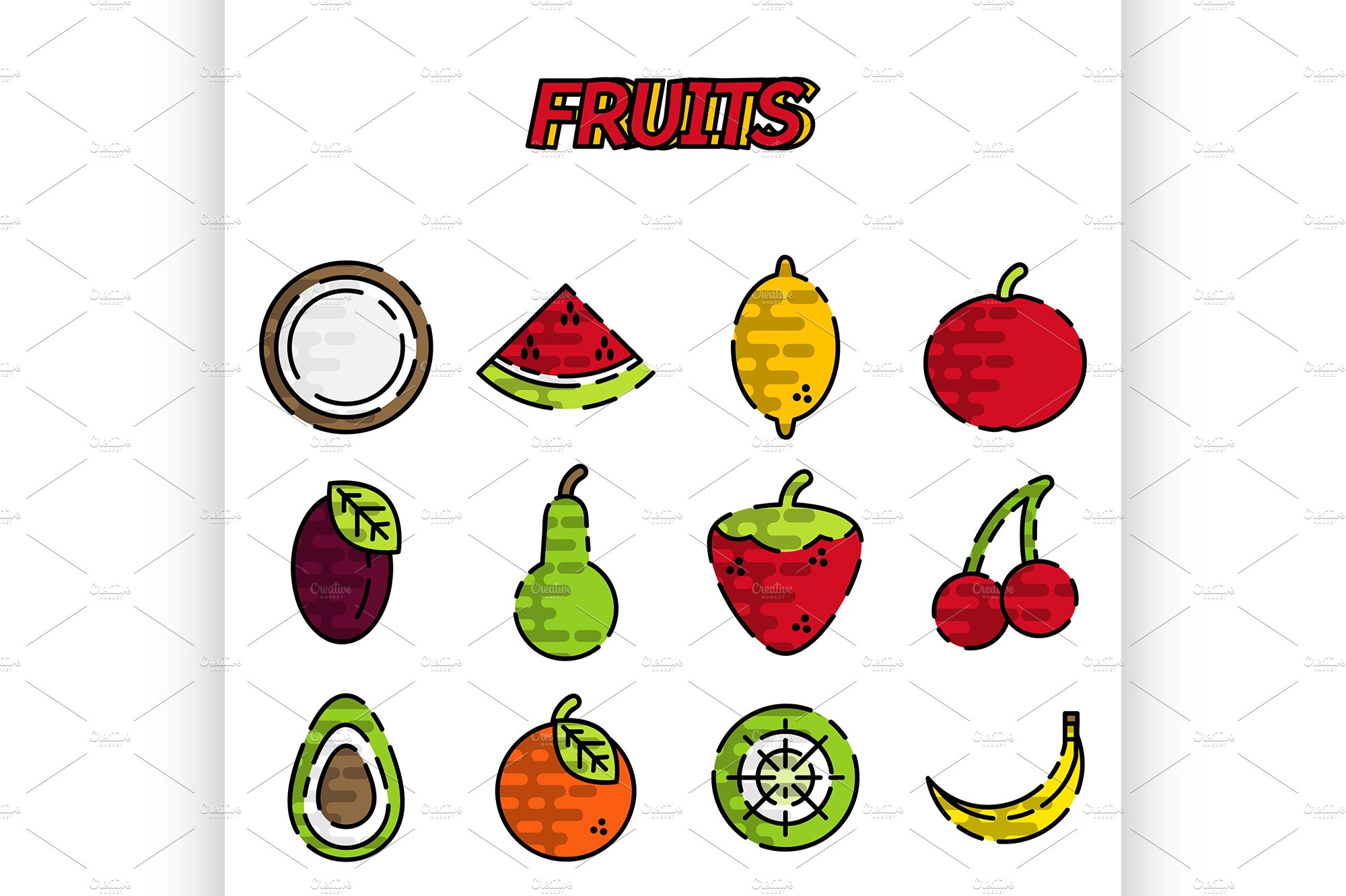 Fruits flat icon set cover image.