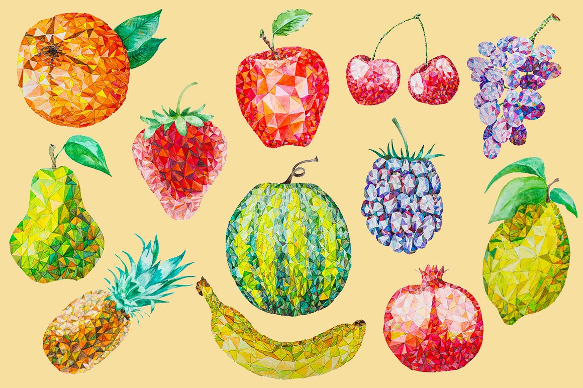 12 Watercolor Low Poly Fruit Set preview image.