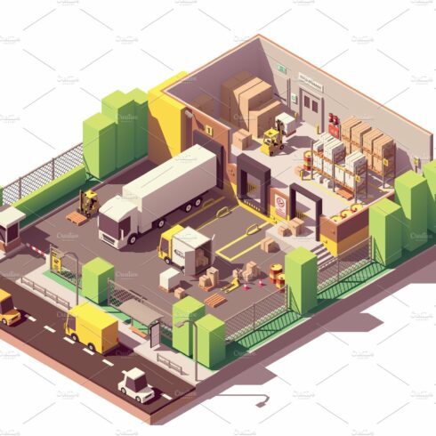 Vector isometric low poly warehouse cover image.