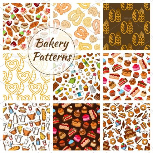 Bakery and pastry seamless pattern background cover image.