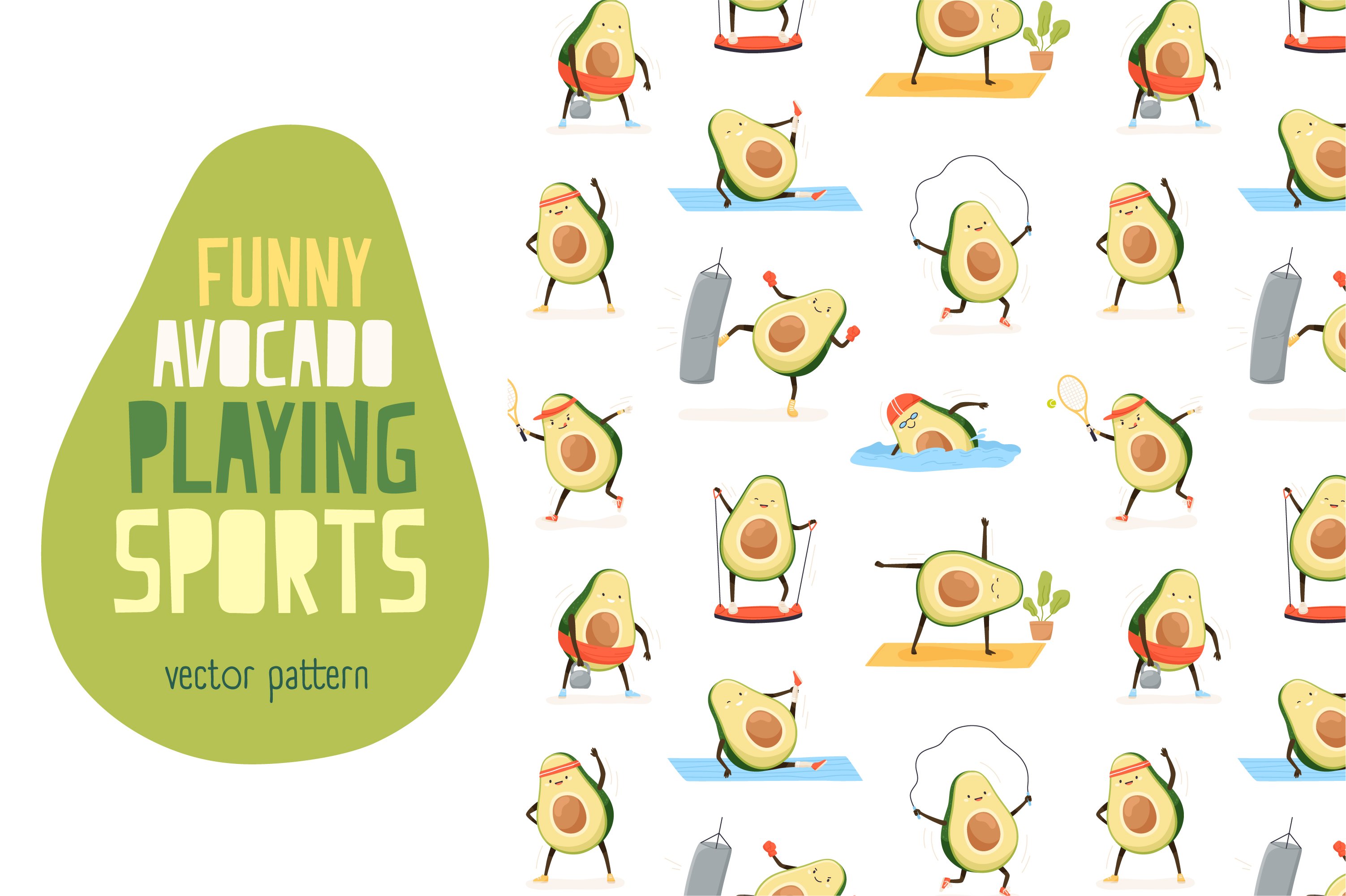 Avocado doing sport seamless pattern cover image.