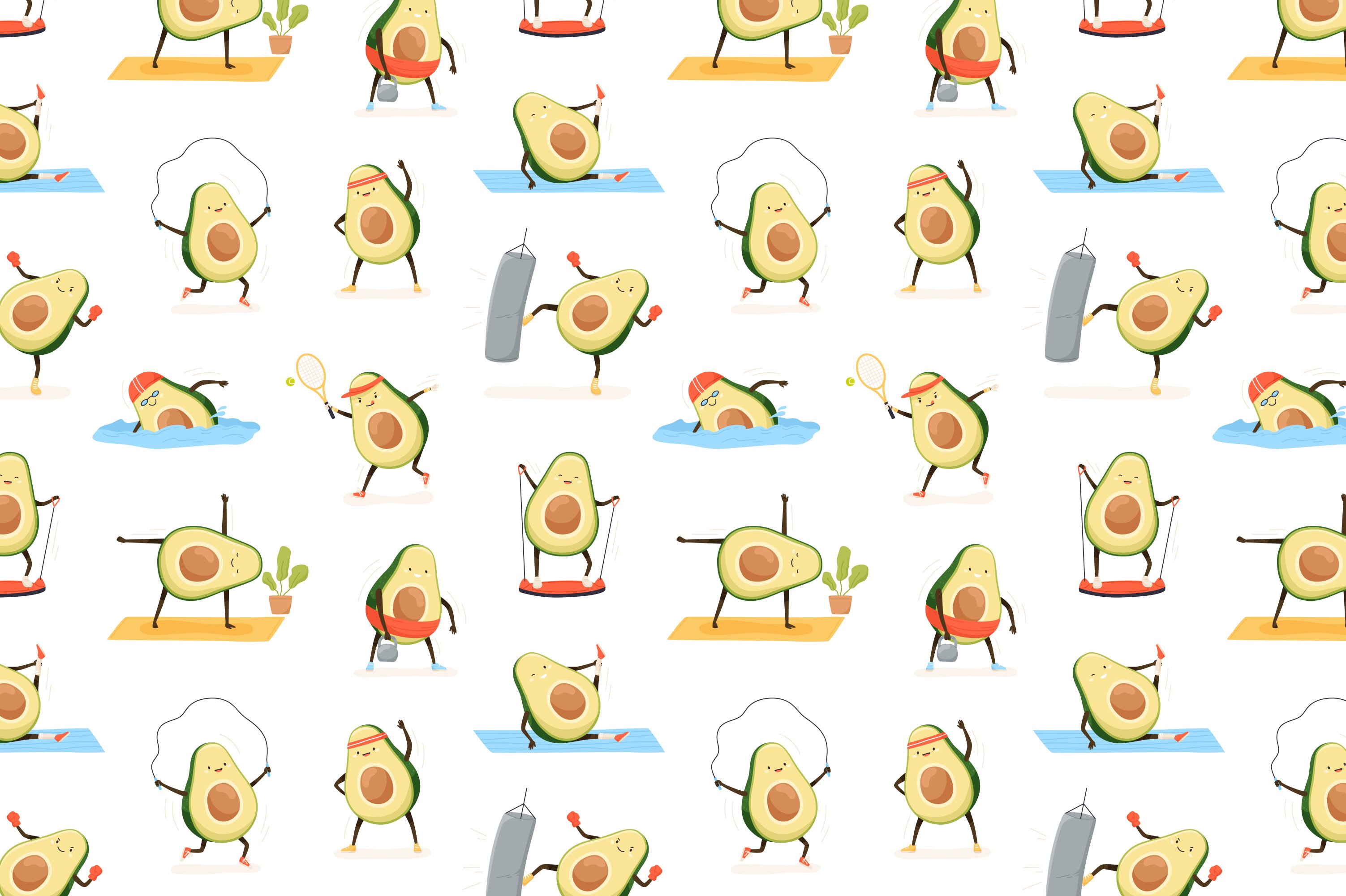 Avocado doing sport seamless pattern preview image.
