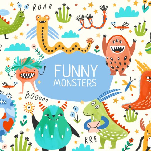 Funny monsters set and seamless cover image.