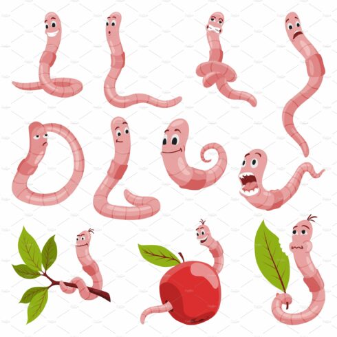 Funny worms collection. Soil cover image.