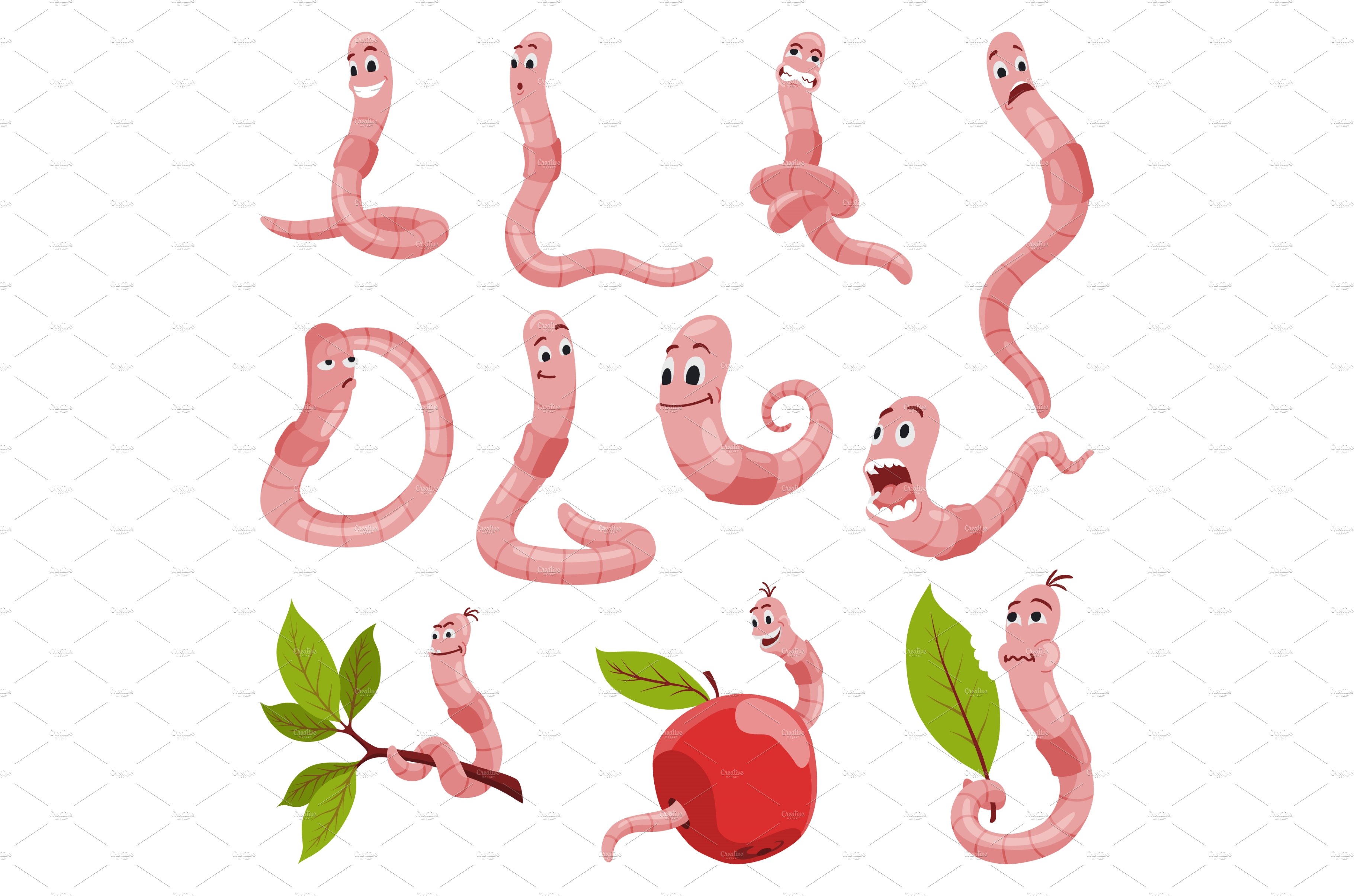 Funny worms collection. Soil cover image.