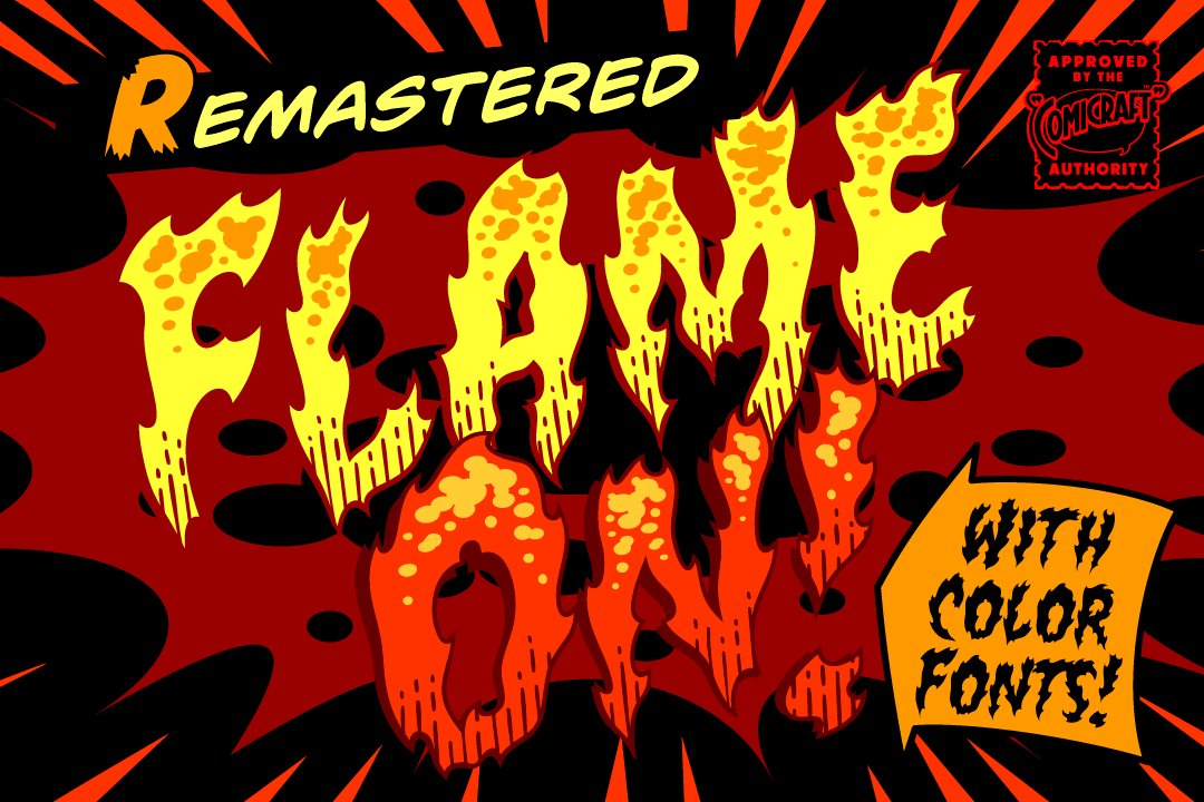 Flame On - firey comic FX color font cover image.