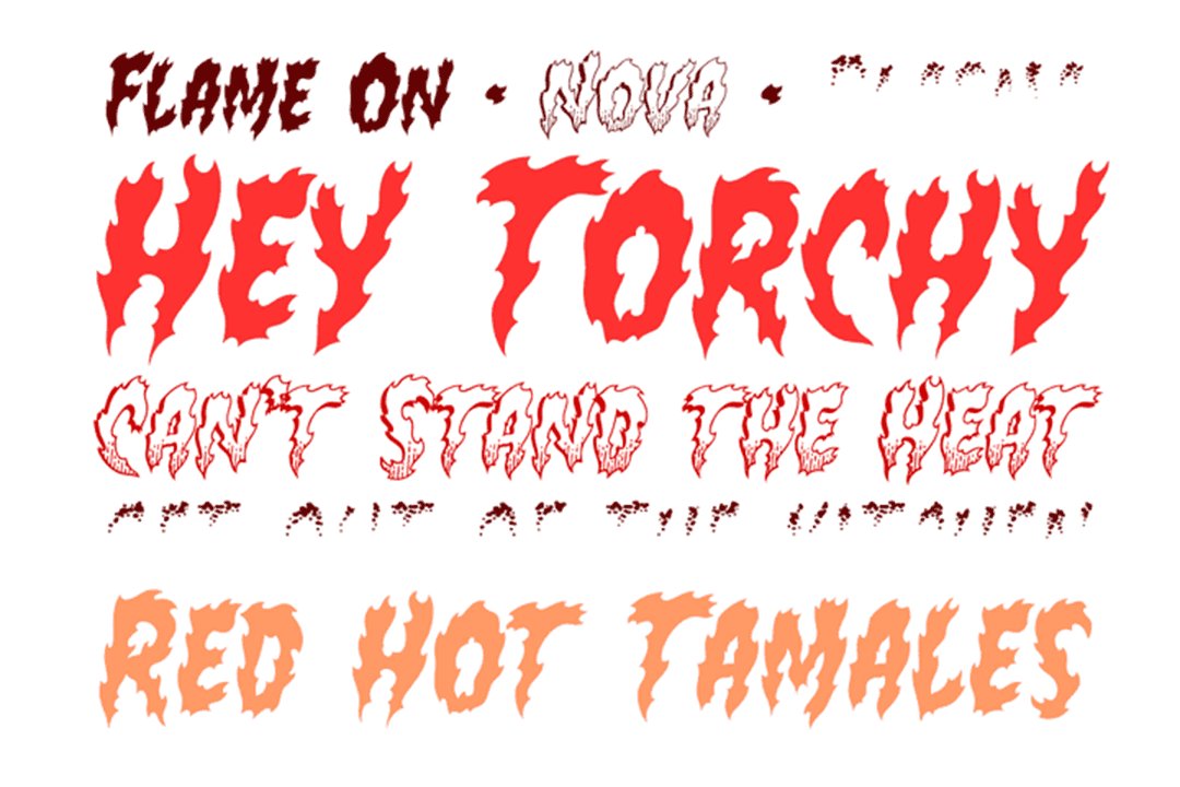 Flame On - firey comic FX color font preview image.