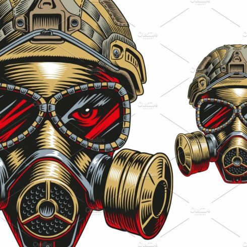 Gas mask and military helmet vector cover image.