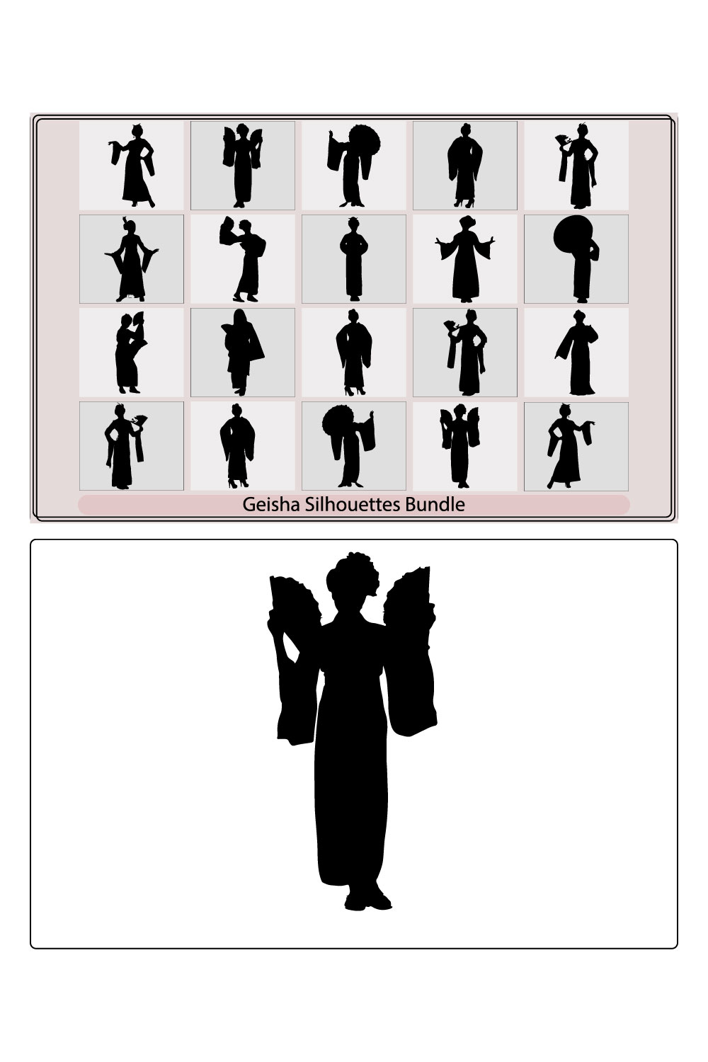 Japanese Geisha silhouette Idea for a tattoo Vector illustration,Japanese woman in kimono,geisha, Silhouette of a geisha and stem of bamboo pinterest preview image.