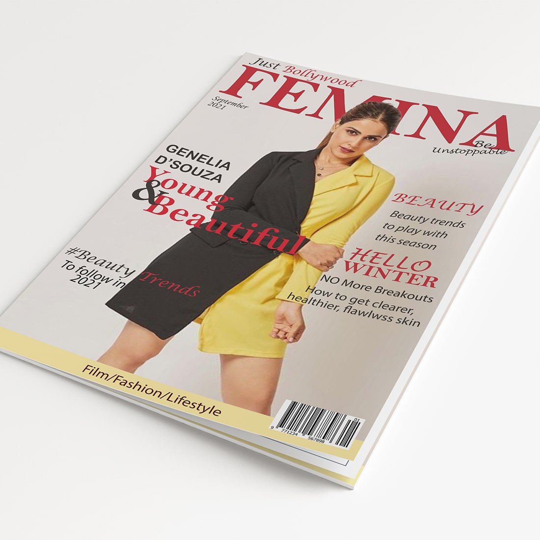 Magazine cover with a woman in a yellow dress.