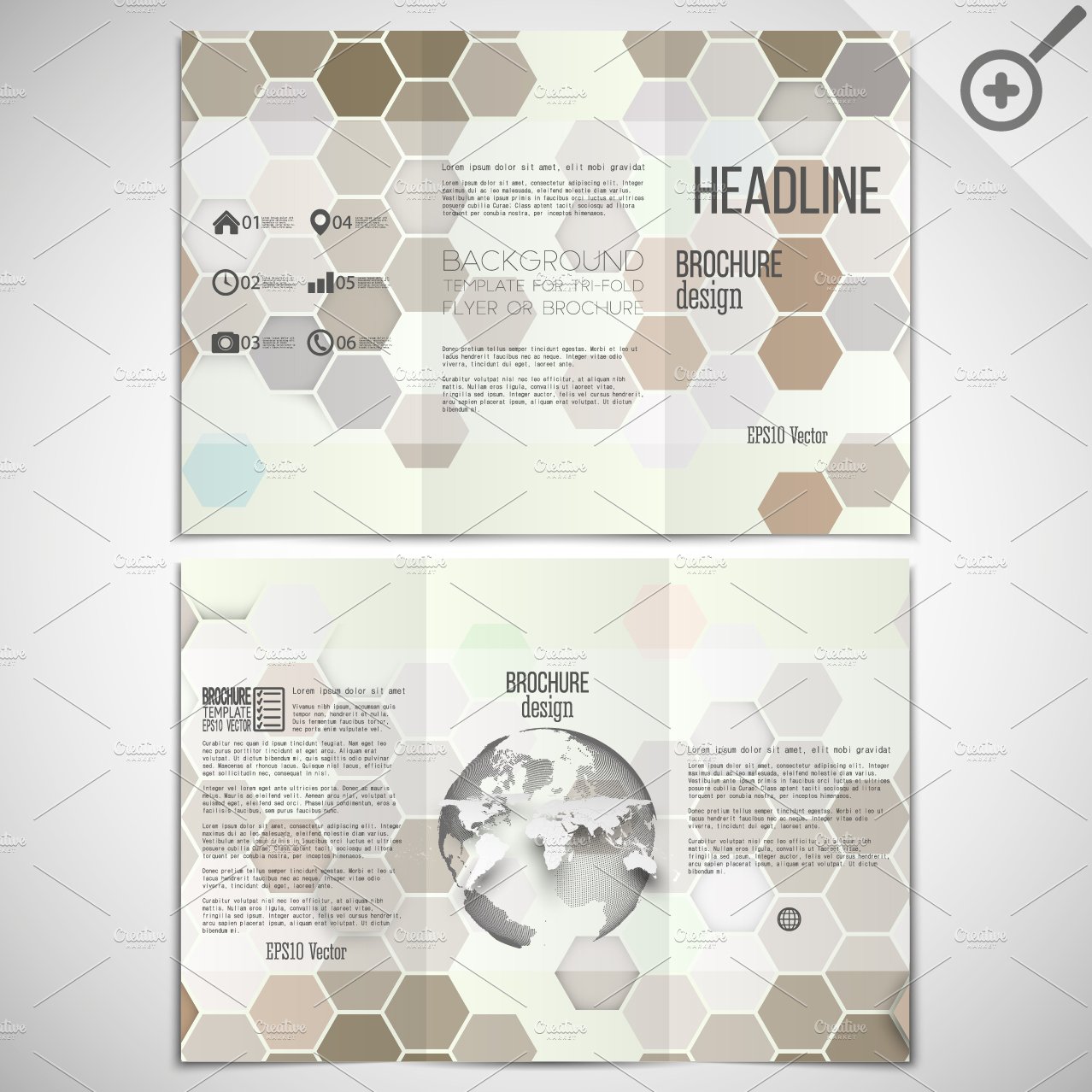 Tri-fold brochures with hexagons cover image.
