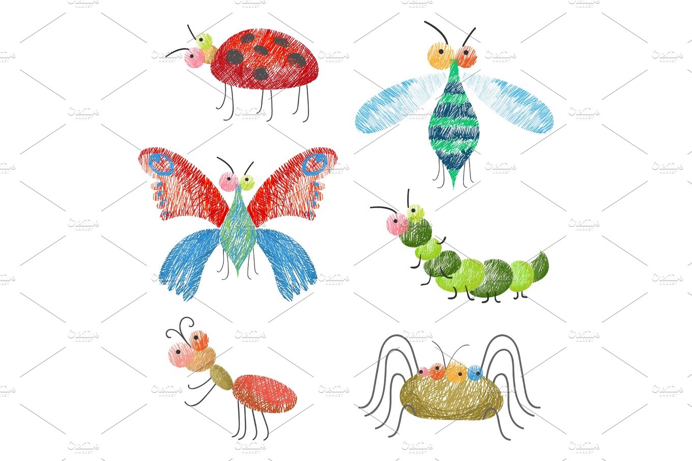 Set of funny colorful bugs on vector illustration cover image.