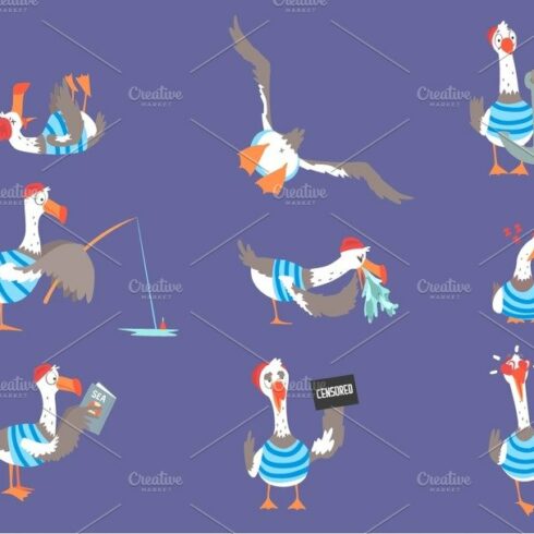 Cartoon seagulls with different poses and emotions set, cute comic bird cha... cover image.