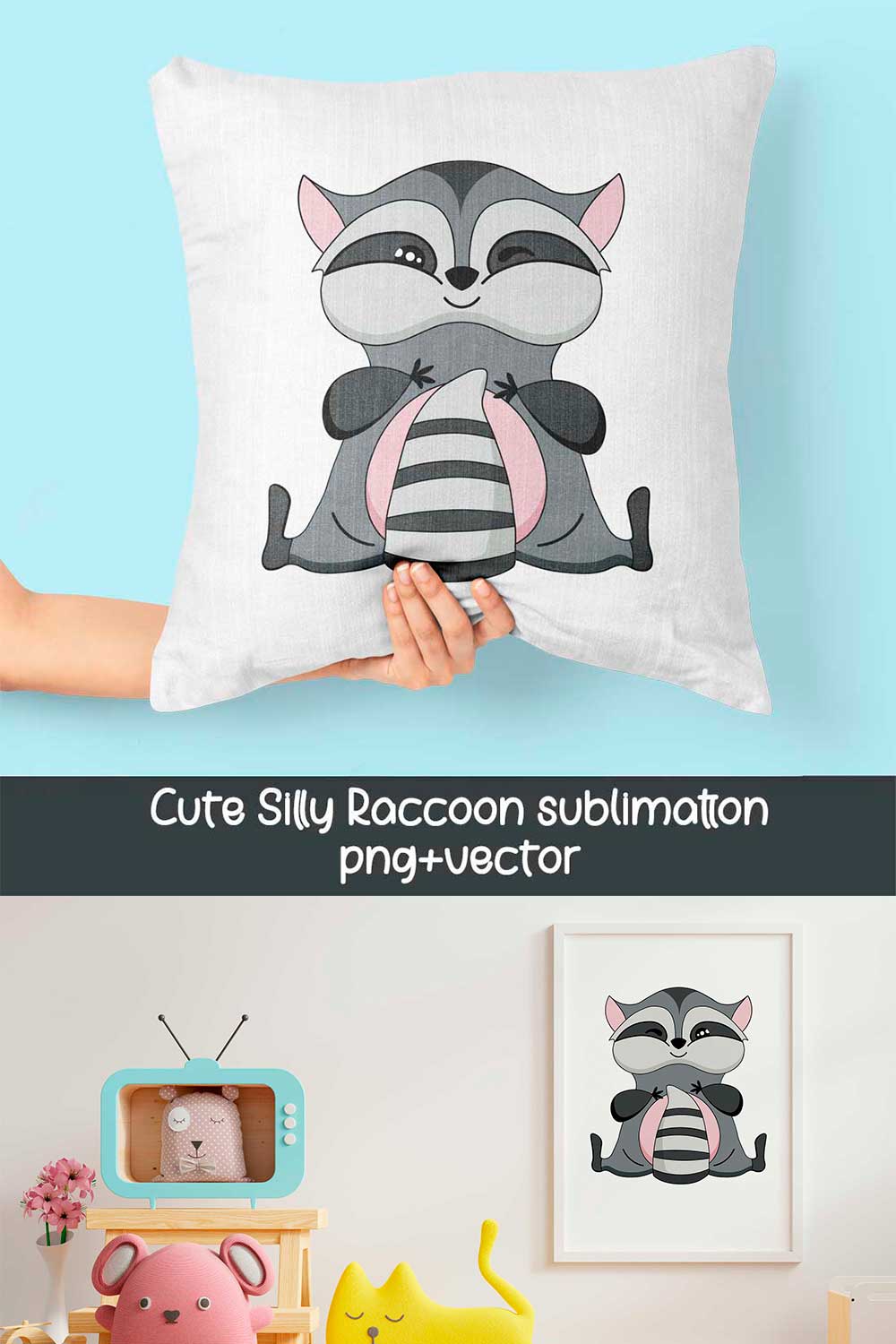 Cute Raccoon Sublimation Designs for t-shirtsPNG pinterest preview image.