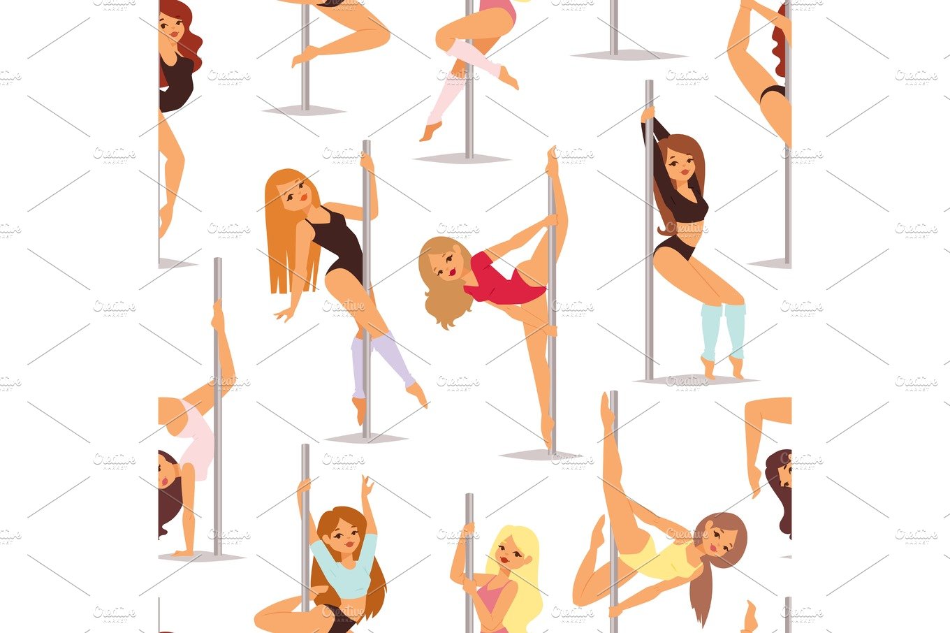Set of pole dance women cartoon style isolated on white background and youn... cover image.