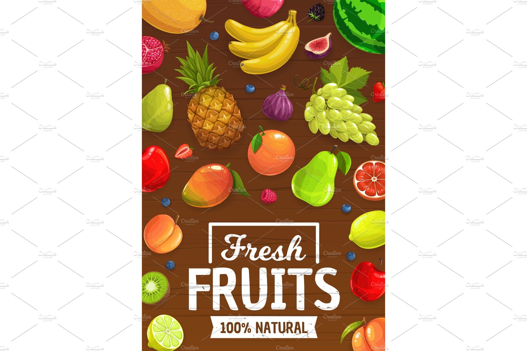 Natural ripe cartoon fruits cover image.