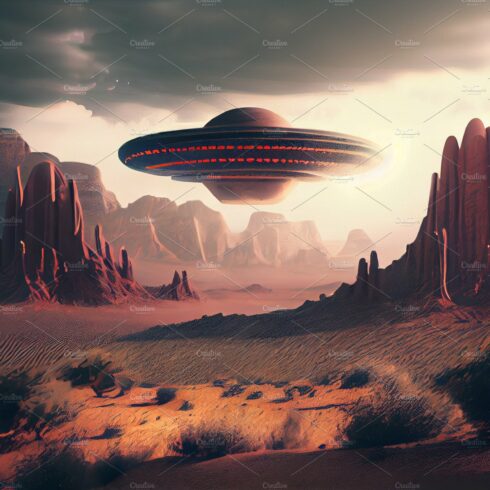 Flying saucer flying close to the Earth. UFO, an alien plate hovered motion... cover image.